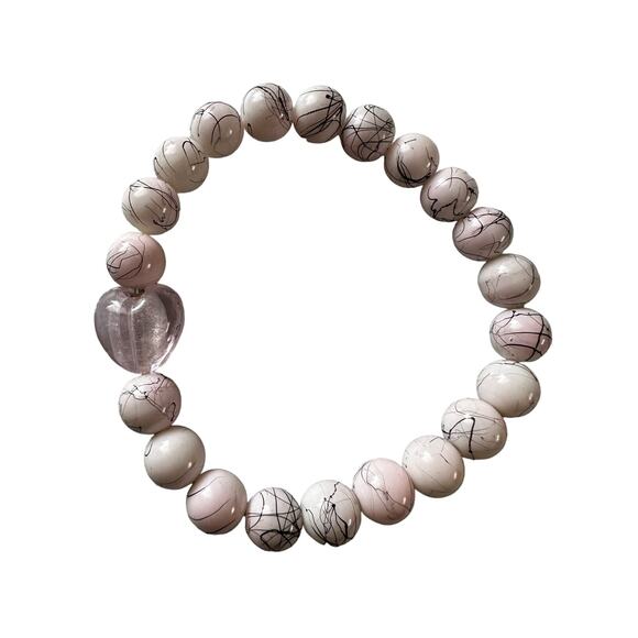 Pair of Pink and Black Glass Heart Beaded Stretch Bracelets - Picture 4 of 7